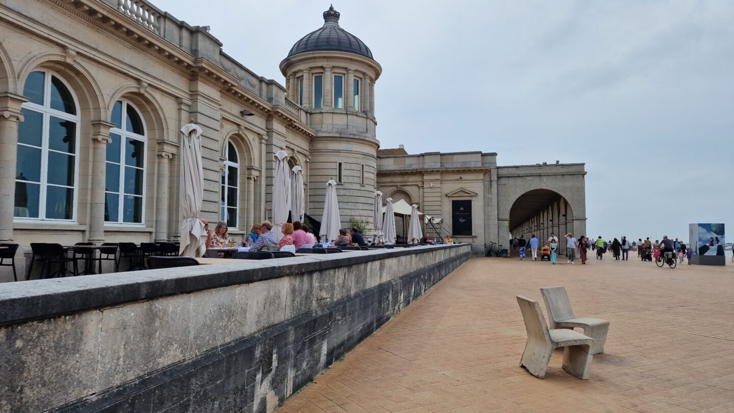 Ostend seafront promenade and historic Royal Galleries in Belgium